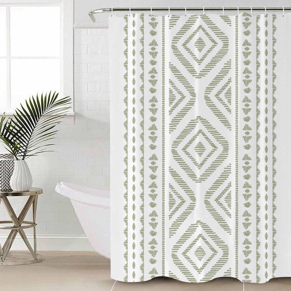 Sage Green Boho Shower Curtain Set with Hook 54"x78",Washable Cloth Polyester Fabric Shower+Curtain,Waterproof Bath Curtains for Bathroom,Showers,Bathtubs Decor White Bohemia Tribal Geometric Stripes