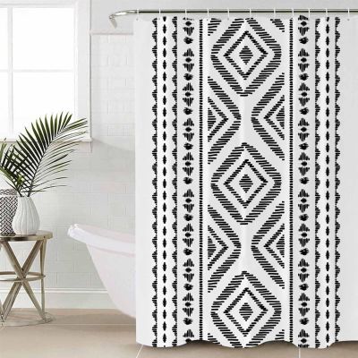 Black White Boho Shower Curtain Set with Hook 66"x72",Washable Cloth Polyester Fabric Shower+Curtain,Waterproof Bath Curtains for Bathroom,Showers,Bathtubs Decor Southwest Geometric Stripes Striped