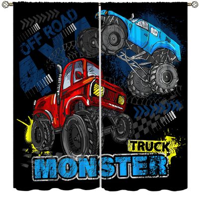 AAVEUP Monster Trucks Blackout Curtains for Kids Room,Cartoon Red and Blue Car Tires Monster Dirt Bigfoots Car Window Drapes Print for BoysTeenager's Bedroom Nursery Living Room 52x84in