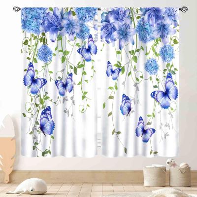 TKUYO Blue Floral Curtains, Spring Flower Butterfly Floral Farmhouse Country Kitchen Drapes Eucalyptus Leaves Blackout Window Treatments for Living Room Bedroom Cafe 2 Panel Sets, 42"x54" Inch