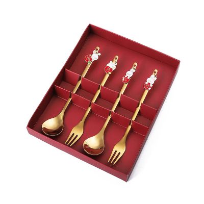 4pcs Forks And Spoons Silverware Set Stainless Steel Flatware Cutlery With Ornament For Home Kitchen Restaurant New Year Stainless Steel Spoons For Cooking