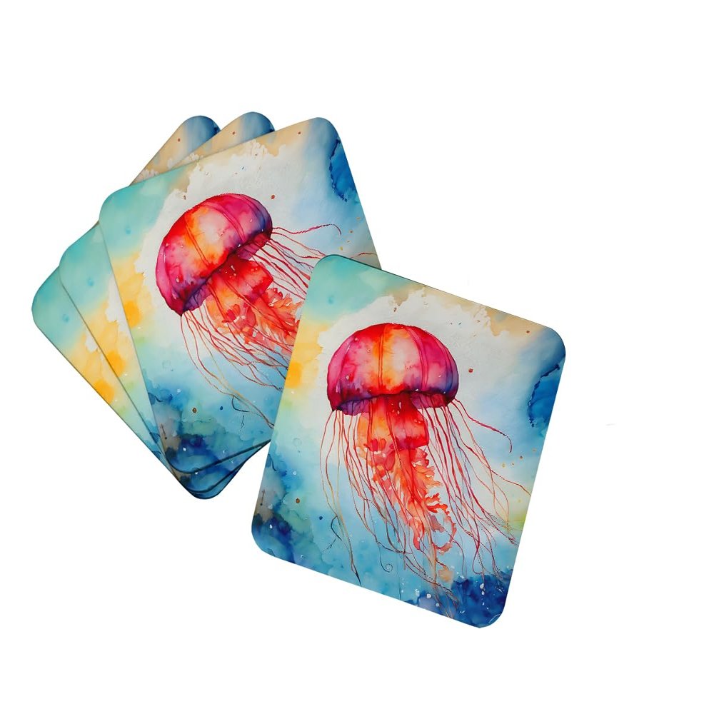 Caroline's Treasures Jellyfish Foam Coasters Set of 4 Cup Coasters for Indoor Outdoor, Tabletop Protection, Anti Slip, Mouse pad Material