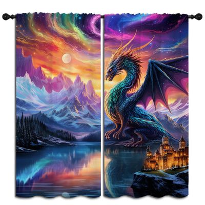 PYMATYTN Dragon Blackout Curtains for Boys Girl Bedroom Decor,Fantasy Creature Castle Colorful Clouds Thermal Insulated Rod Pocket Drapes Darkening Window Curtain for Living Room Home 84x84 inch