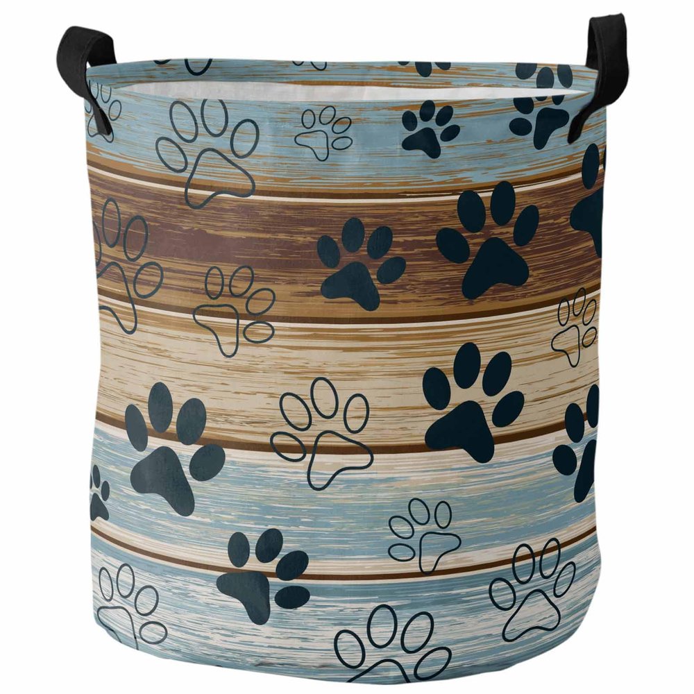 Laundry Basket Dog Paw Print Farm Retro Wood Grain,Waterproof Collapsible Clothes Hamper Blue Brown Vintage Wooden,Large Storage Bag for Bedroom Bathroom
