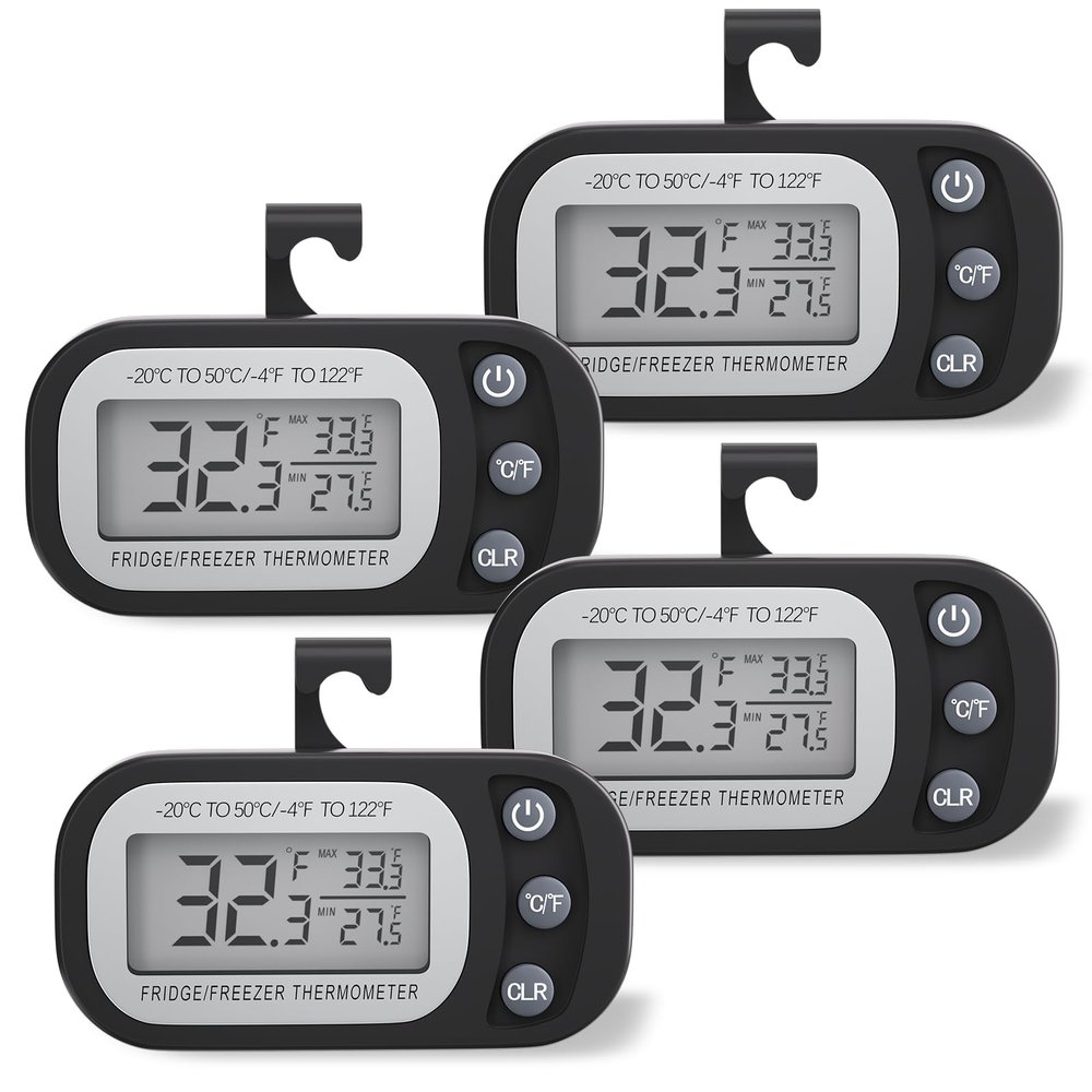 Digital Frigerator Thermometer 4 Pack, Waterproof Fridge and Freezer Thermometer, Fridge Temperature Monitor with Large LCD Screen, Stand and Magnetic Back, for Room,Kitchen(White)