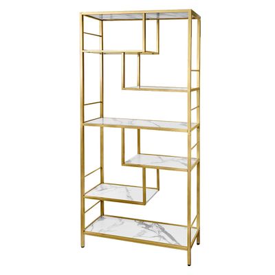 AT-VALY 6 Tier Bookcase Bookshelf, 72.4Tall Modern Freestanding Bookshelf with 6 Shelves, Faux Marble Open Display Storage Book Shelves for Living Room Bedroom Home Office (Gold)