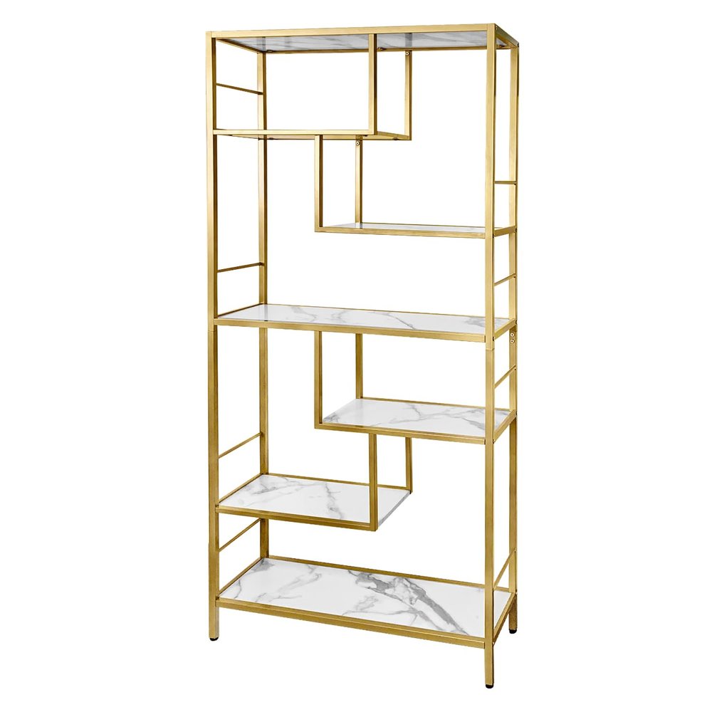 AT-VALY 6 Tier Bookcase Bookshelf, 72.4Tall Modern Freestanding Bookshelf with 6 Shelves, Faux Marble Open Display Storage Book Shelves for Living Room Bedroom Home Office (Gold)
