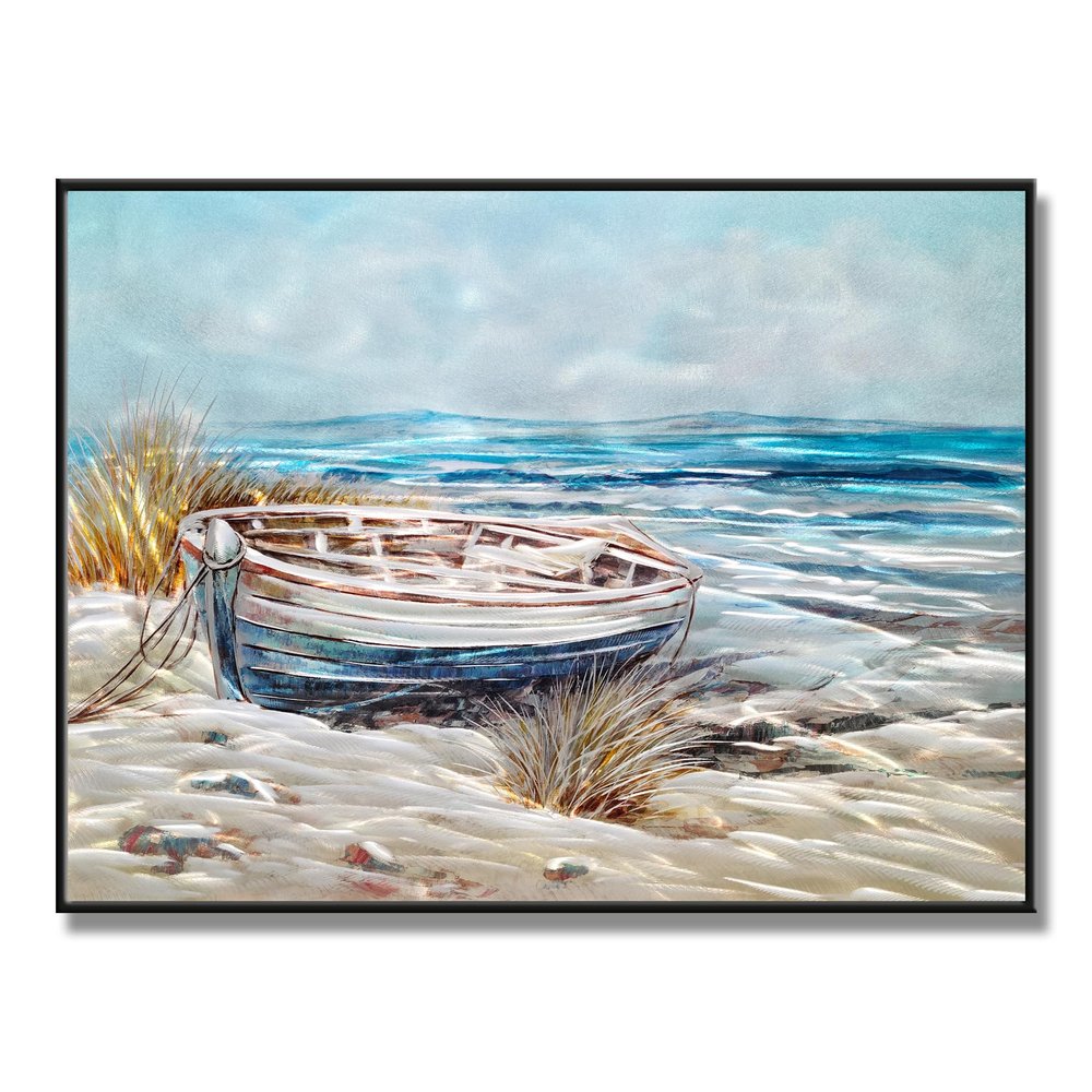 BATRENDY ARTS Hand-polished Boat Aluminium Painting Blue Sea Metal Wall Art Coastal Beach Artwork for Home Living Room