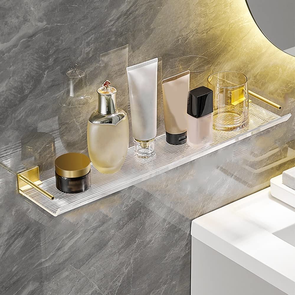 CTPCRTYK Bathroom Shelf No Punching Shower Caddy Floating Shelves Acrylic Wall-Mountedrror Front Cosmetic Skin Product Organizer Rack Shower Accessories Spice Rack Kitchen Shelves, 50Cm, Gold, 52687