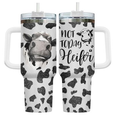 34HD Funny Cow Print Tumbler 40oz with Handle and Straw - Not Today Heifer Glitter Cow Face Insulated Travel Mug, Cute Humorous Gift for Women Mom Friend Farmhouse Lover Birthday