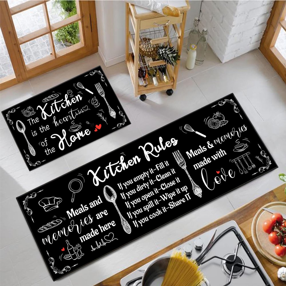 2 Piece Farmhouse Kitchen Rug Set, Black and White Style Theme Decor Kitchen Rugs, Non-Slip Absorbent Washable Floor Mats, Home Indoor Runner Carpet 17x30+17x47 Inches