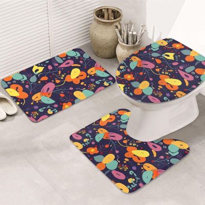 BTCOWZRV Bathroom Rug Set 3 Piece Super Soft Absorbent Bath Mats Non-Slip Colorful Floral Bath Rug U-Shaped Contour Toilet Rug Washable Toilet Lid Cover for Bathroom Floor Tub and Shower