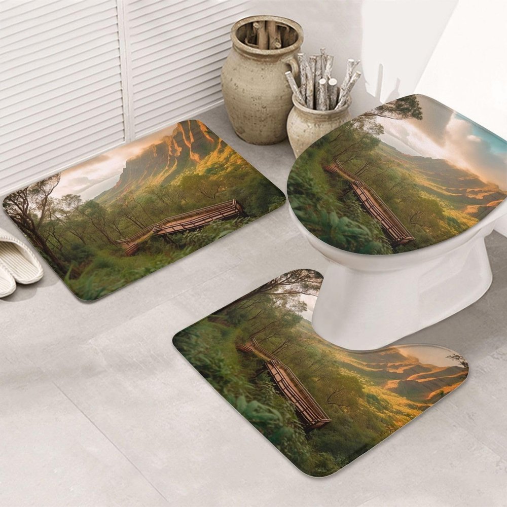 BTCOWZRV Bathroom Rug Set 3 Piece Super Soft Absorbent Bath Mats Non-Slip Wilderness Park Bath Rug U-Shaped Contour Toilet Rug Washable Toilet Lid Cover for Bathroom Floor Tub and Shower