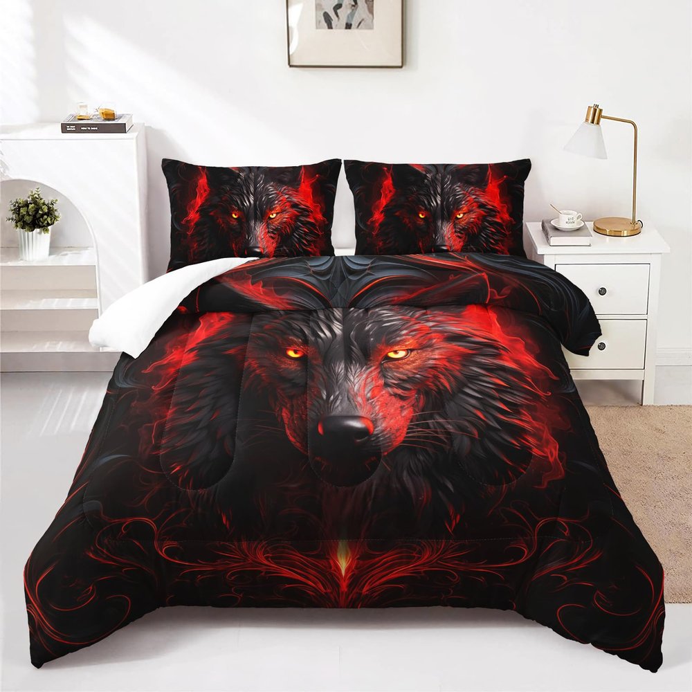 Nttopship Wolf Printed Bedding Set, Wolf Comforter Set Queen Size,Boys Bedding Set 100% Soft Ultra-fine Fiber Four Season Red Flame Comforter Set with 1 Comforter and 2 Pillow Case