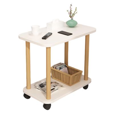 Sarkoyar Side Table End Table,Wood Night Stand with 2-Tier Storage Shelf & 4 Wheels, Mobile Bedside Table Coffee Table for Bedroom Living Room Small Space White