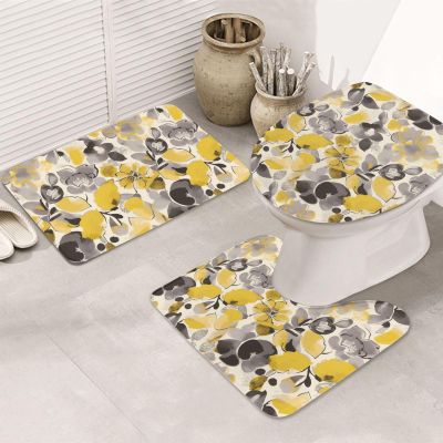 BTCOWZRV Bathroom Rug Set 3 Piece Super Soft Absorbent Bath Mats Non-Slip Yellow Gray Flower Bath Rug U-Shaped Contour Toilet Rug Washable Toilet Lid Cover for Bathroom Floor Tub and Shower