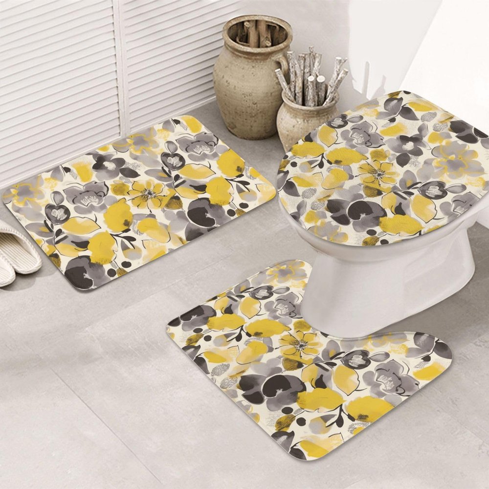 BTCOWZRV Bathroom Rug Set 3 Piece Super Soft Absorbent Bath Mats Non-Slip Yellow Gray Flower Bath Rug U-Shaped Contour Toilet Rug Washable Toilet Lid Cover for Bathroom Floor Tub and Shower