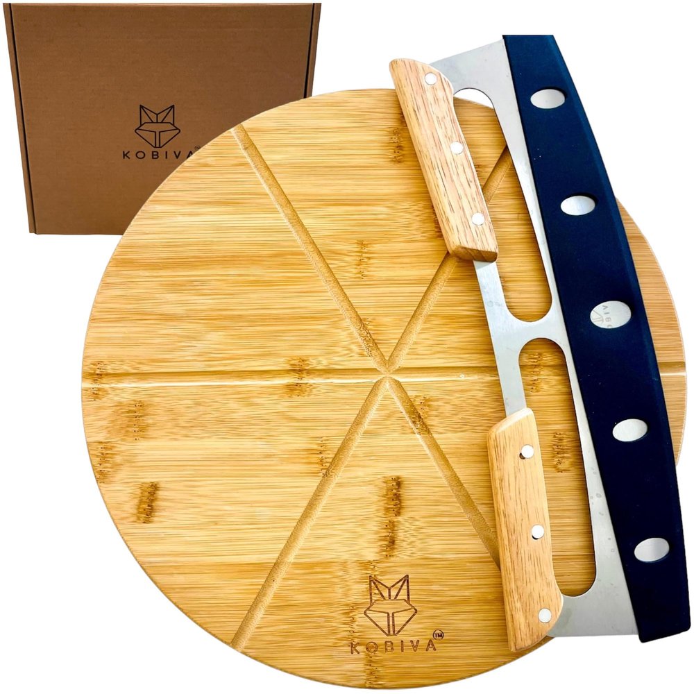 14" Dual-Grip Pizza Cutter Rocker Board Set | Bamboo Pizza Cutting Board with Pizza Rocker Knife Slicer | Pizza Serving Board | Pizza Cutter Rocker Blade | Best Pizza Accessories Gift Set