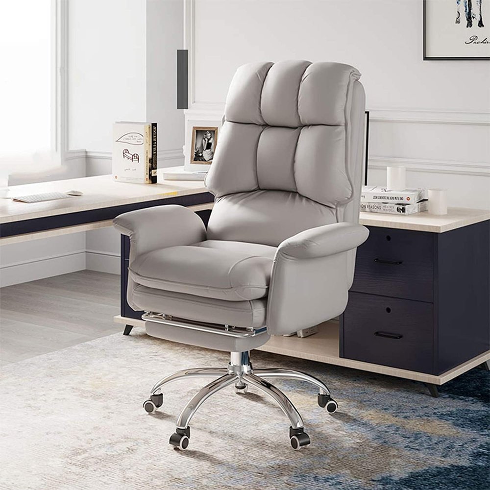 Home Office Desk Chair PU Leather Office Chair, Ergonomic Executive Computer Chair Swivel High-Back Modern Desk Chair with Lumbar Support & Retractable Footrest