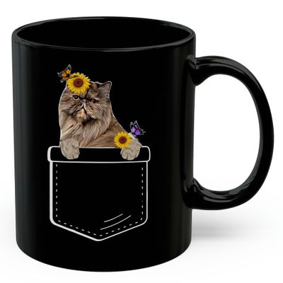 Lovesout Tortoiseshell Persian Cat Sunflower Pocket Design Coffee Mug Black Ceramic 11oz Kitten Owner Gift