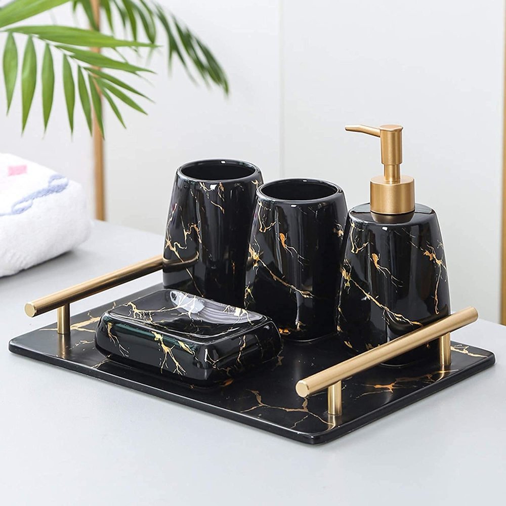 Art Soap Dispenser for Bathroom Kitchen Hotel, 4-piece Set Modern Bathroom Ceramic Refillable Liquid Soap Dispenser Pump Bottle Set for Bathroom, Powder Room Contains Soap Dispenser ( Color : Black ,