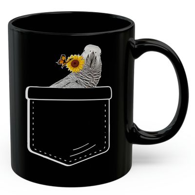 Lovesout Congo African Grey Parrot Sunflower Pocket Design Coffee Mug Black Ceramic 11oz Pet Owner Gifts