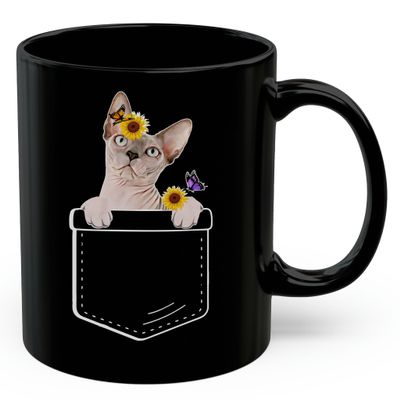 Lovesout Pointed Sphynx Cat Sunflower Pocket Design Coffee Mug Black Ceramic 11oz Kitten Owner Gift