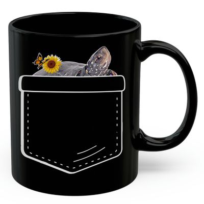 Lovesout Spotted Turtle Sunflower Pocket Design Coffee Mug Black Ceramic 11oz Pet Owner Gifts