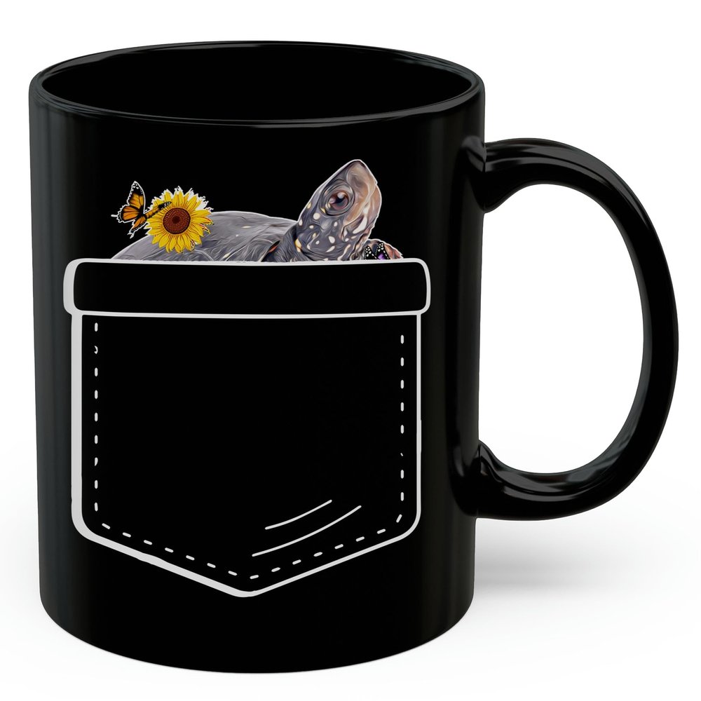 Lovesout Spotted Turtle Sunflower Pocket Design Coffee Mug Black Ceramic 11oz Pet Owner Gifts