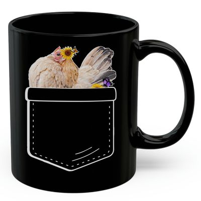 Lovesout Serama Chicken Hen Sunflower Pocket Design Coffee Mug Black Ceramic 11oz Farm Owner Gift