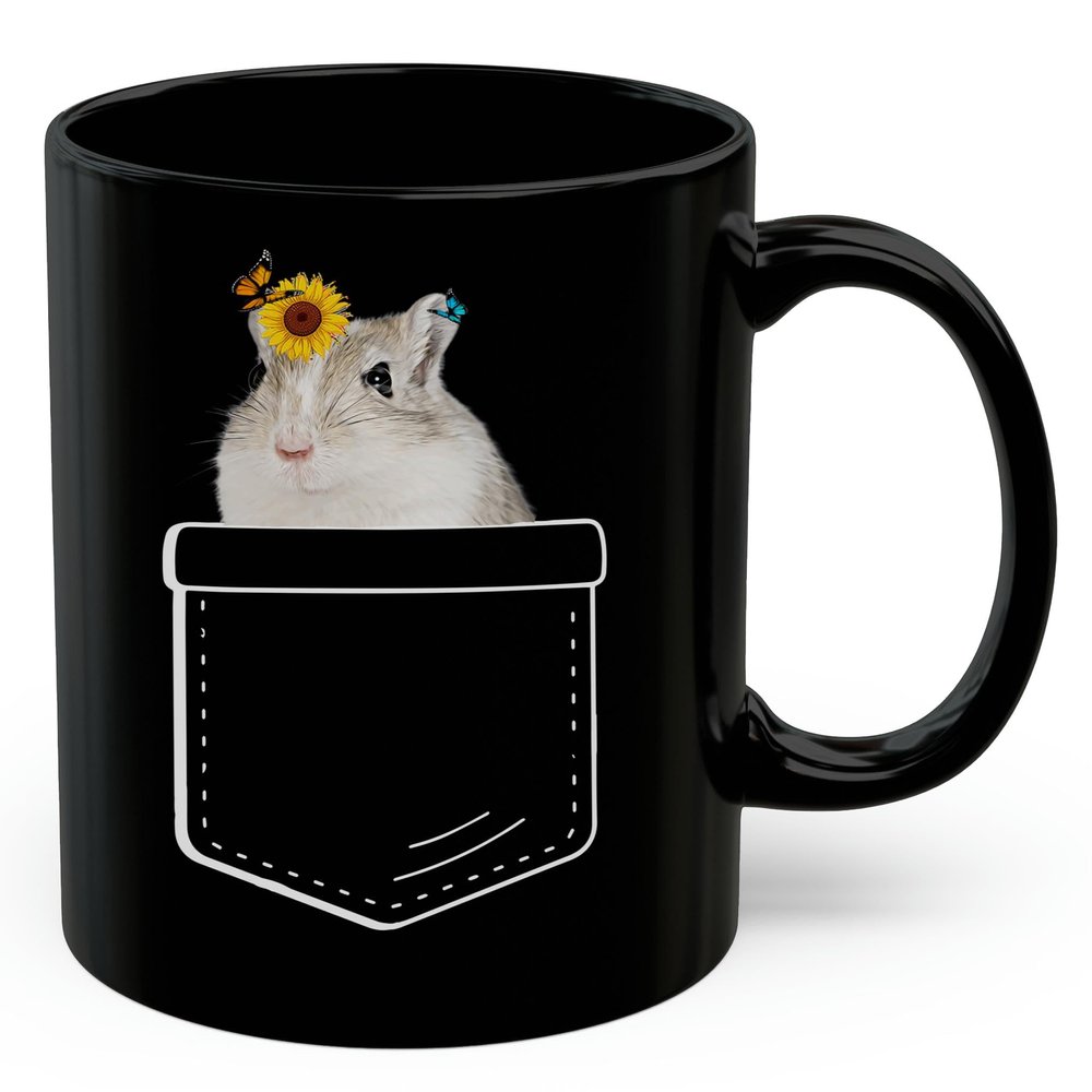 Lovesout Mongolian Gerbil Sunflower Pocket Design Coffee Mug Black Ceramic 11oz Pet Owner Gifts