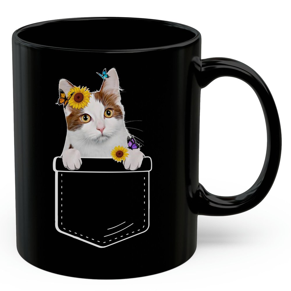 Bicolor Munchkin Cat Sunflower Pocket Design Coffee Mug Black Ceramic 11oz Kitten Owner Gift