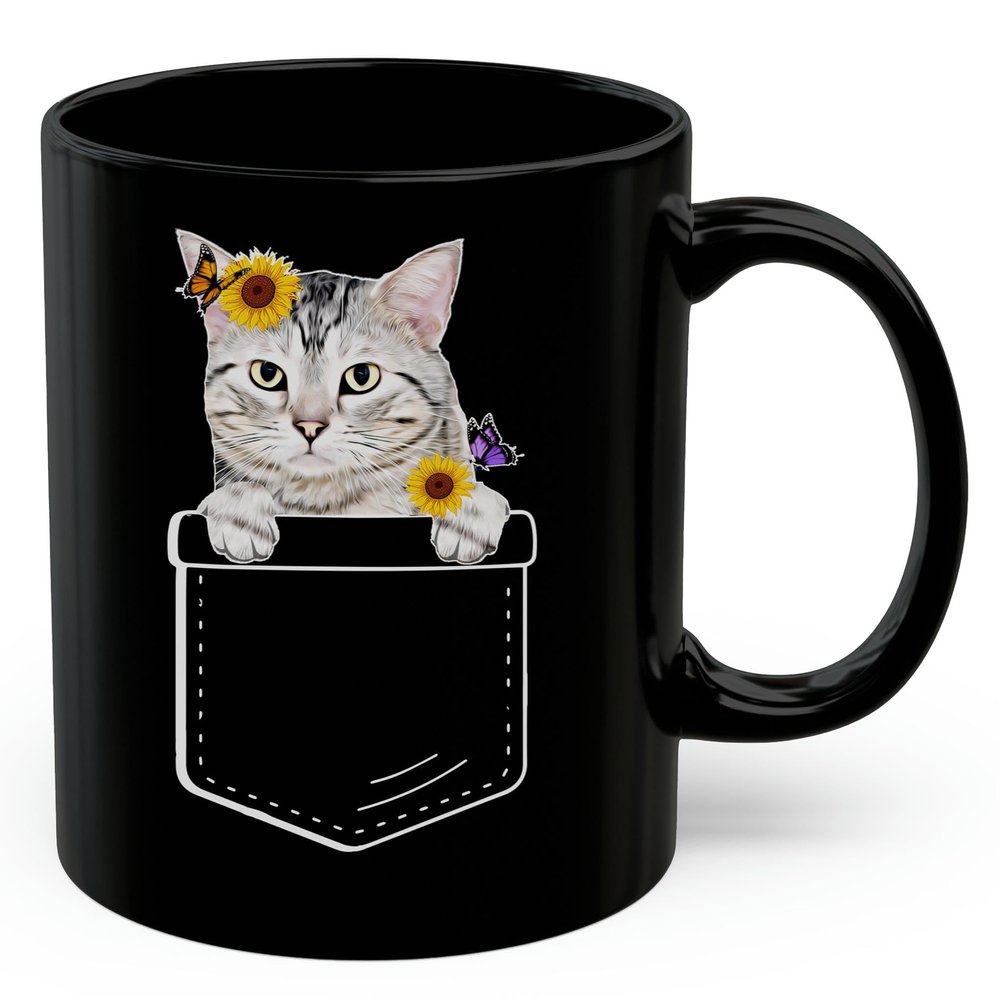 Lovesout Silver Tabby American Shorthair Cat Sunflower Pocket Design Coffee Mug Black Ceramic 11oz Kitten Owner Gift