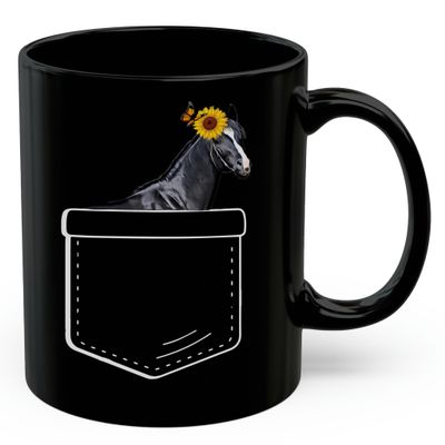 Lovesout Black Trakehner Horse Sunflower Pocket Design Coffee Mug Black Ceramic 11oz Farm Owner Gift