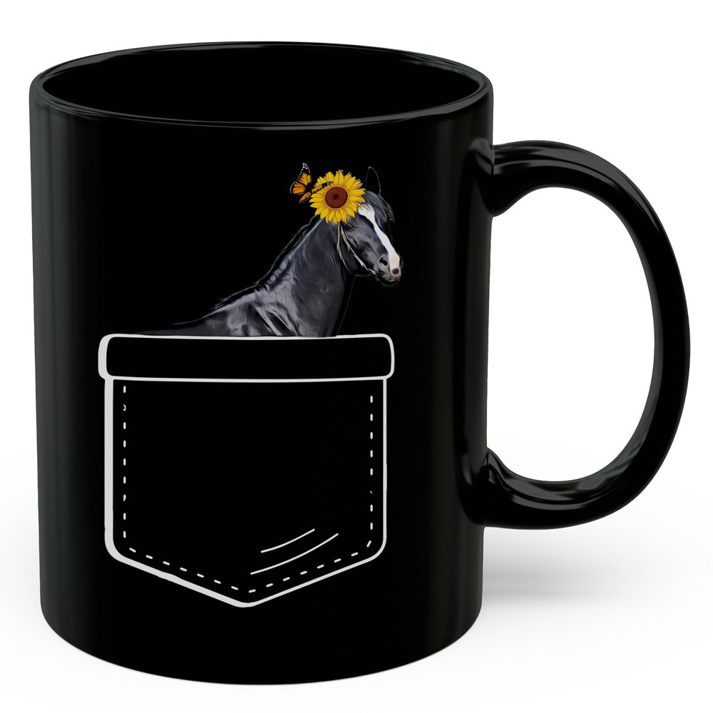 Lovesout Black Trakehner Horse Sunflower Pocket Design Coffee Mug Black Ceramic 11oz Farm Owner Gift