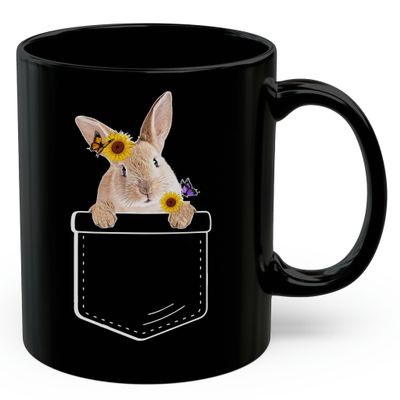 Lovesout Cinnamon Rabbit Sunflower Pocket Design Coffee Mug Black Ceramic 11oz Pet Owner Gifts