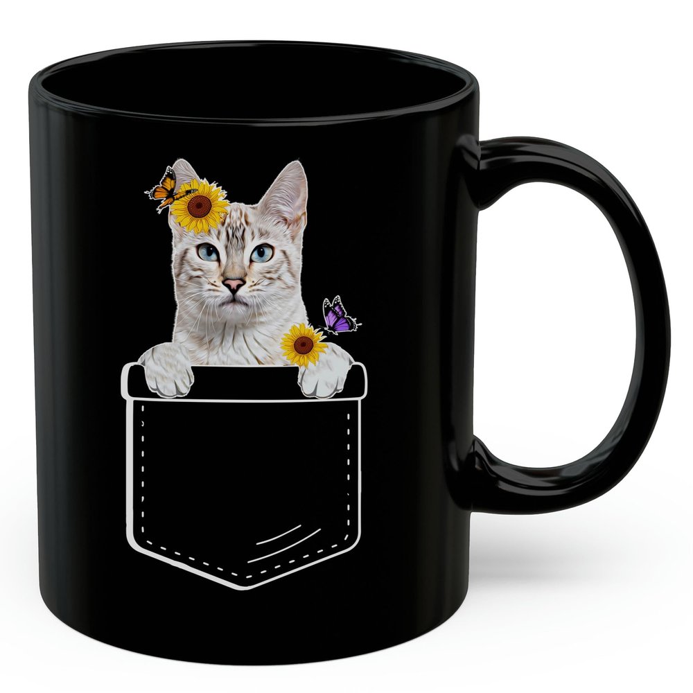 Lovesout Snow Lynx Bengal Cat Sunflower Pocket Design Coffee Mug Black Ceramic 11oz Kitten Owner Gift