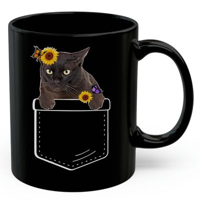 Lovesout Black Burmese Cat Sunflower Pocket Design Coffee Mug Black Ceramic 11oz Kitten Owner Gift