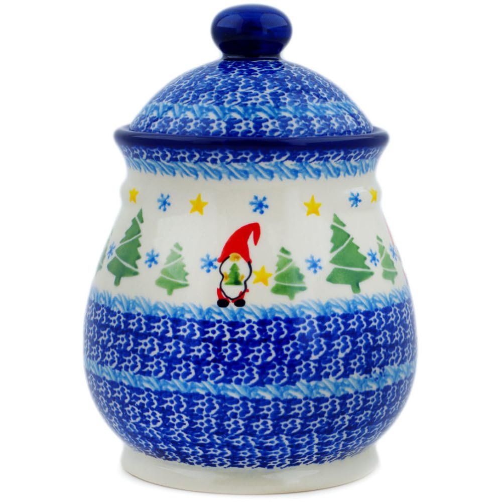 Polmedia Polish Pottery Authentic Polish Pottery Jar with Lid in Twinkle Twinkle Little Gnome Design Handmade in Bolesawiec Poland by Ceramika Nina + Certificate of Authenticity