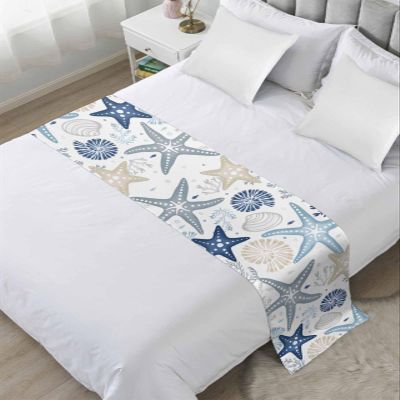 Blue Khaki Coral Bed Runner for Cal. King Size Bed, Bedspread Protector Slipcover Bed Scarf for Foot Bed Runners & Scarves for Bedroom Hotel 94x20 Spring Summer Coastal Starfish Beach Nautical Conch