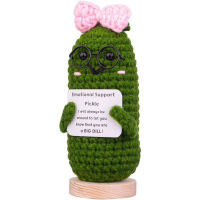 CoFuBcad Handcrafted Emotional Support Cucumber Gift, Cute Crochet Potato Knitted Doll Decoration with Front Card Wooden Base for Birthday Gift Home Decoration