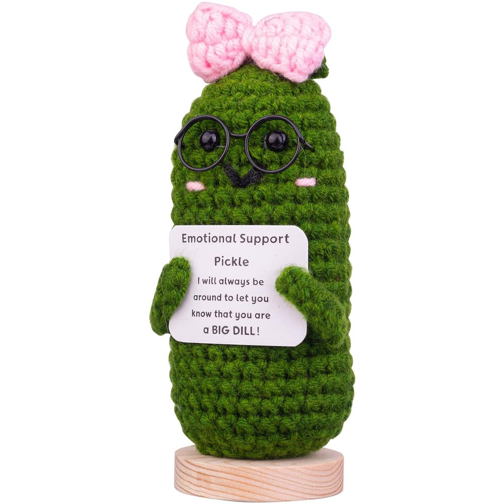 CoFuBcad Handcrafted Emotional Support Cucumber Gift, Cute Crochet Potato Knitted Doll Decoration with Front Card Wooden Base for Birthday Gift Home Decoration