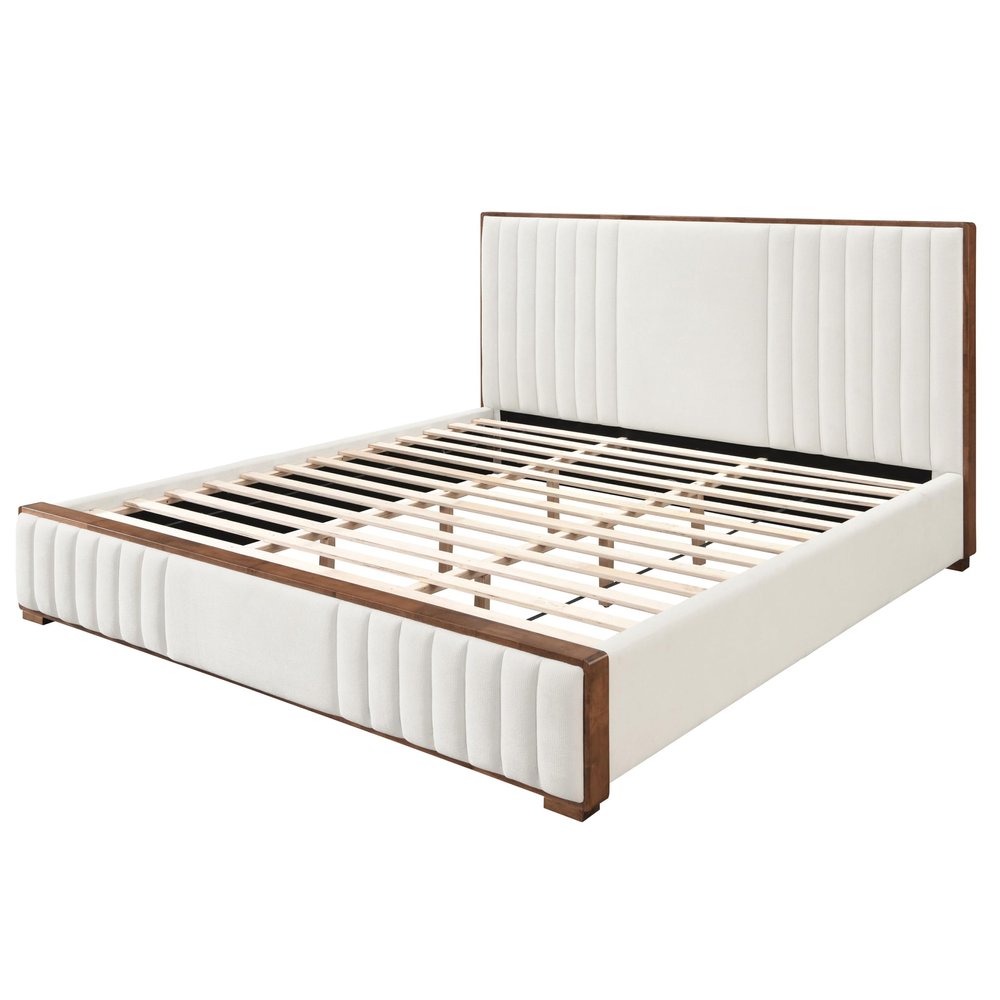 Acme Kaleea Chenille Upholstered Tufted Queen Bed in Beige and Walnut