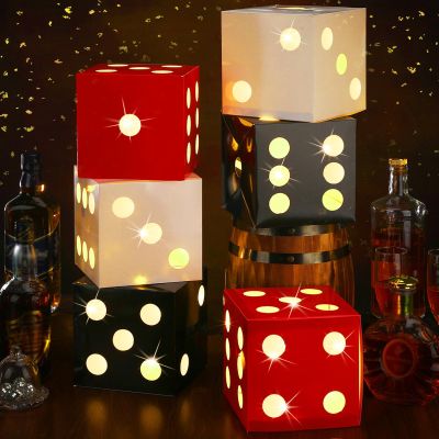 Motipuns 6 Pcs Large Dice Favor Boxes with Light, 6.7 Inch Dice Box Casino Party Decorations, LED Balloon Boxes for Las Vegas Game Night Casino Birthday Party Decorations