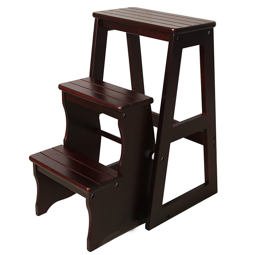 3 Step Solid Wood Folding Ladder Chair, Protable Wooden Step Stool, Convertible Folding Chair Step Stool Display Stand for Adults Office Home Kitchen Outdoor(64cm(25.2"), Black)