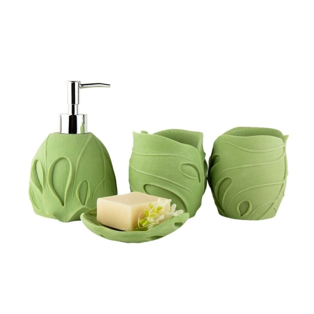 ERoomQ Bathroom Accessory Set Bathroom Accessories Set Leaf Shape Sandstone Bathroom Accessory Set 4 Pieces Bathroom Set Included Soap Dispenser Soap Tray Bath Accessory Set (Green)
