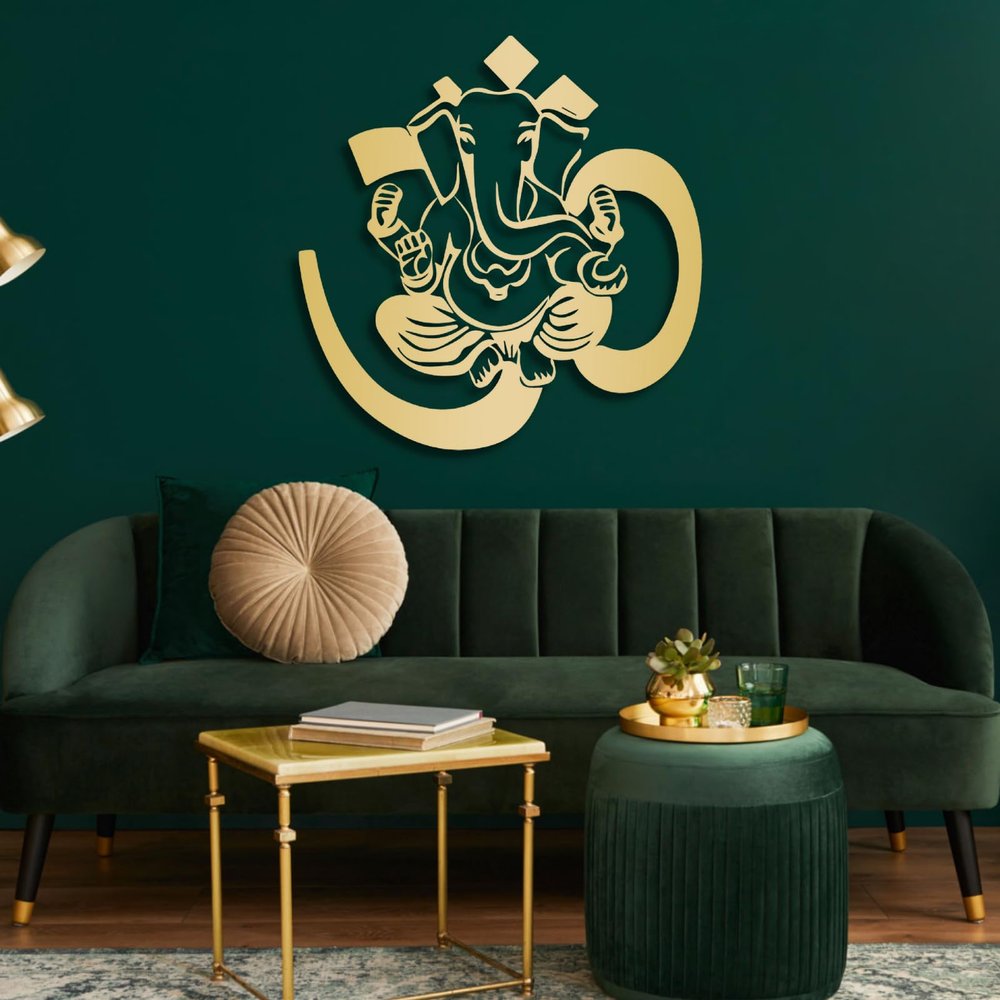 Cadeali Ganesha Metal Wall Decor, Ganapati Elephant Modern Metal Wall Art, Om Decor, Lord Ganesha Sign, Living Room, Bedroom, Yoga Room Art (38"x 39"| 97x100cm, Gold)