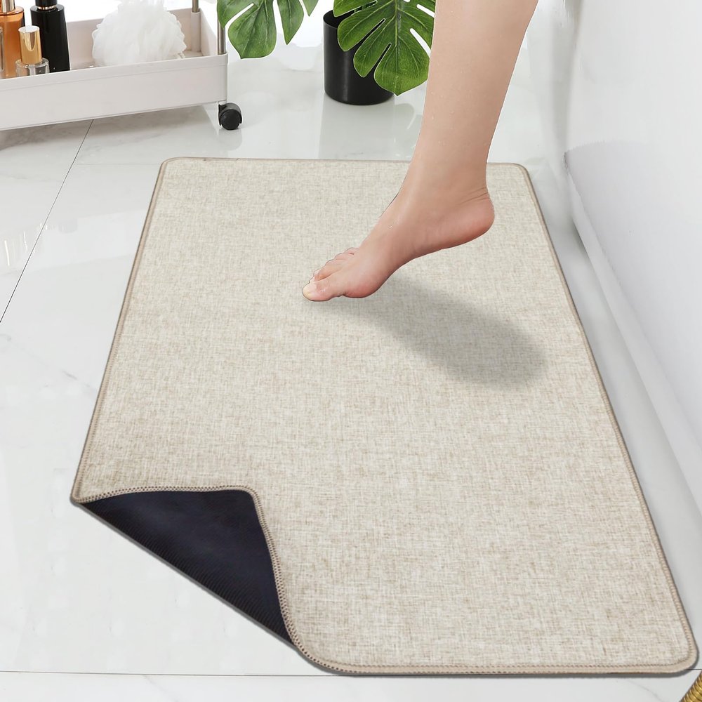 Yancorp 2'x3' Ultra Thin Bathroom Rugs,Low Profile Bath Rug,Rubber mat,Fit Under Door,Non Slip,Machine Washable Shower Rug,Khaki