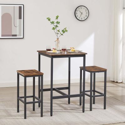 Bar Table Set, Pub Heigh Table with 2 Square Stools, Dining Table Set for Kitchen Breakfast, Bar, Dining Room, Living Room, Small Space (Rustic Brown)