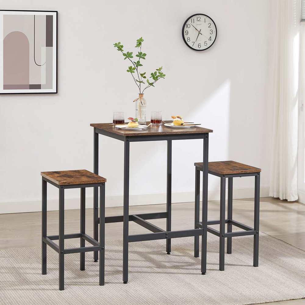 Bar Table Set, Pub Heigh Table with 2 Square Stools, Dining Table Set for Kitchen Breakfast, Bar, Dining Room, Living Room, Small Space (Rustic Brown)